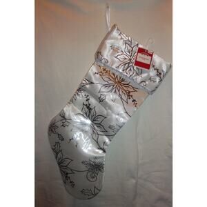 Christmas Stocking 19" White Satin Glitter Poinsettia by Holiday Time